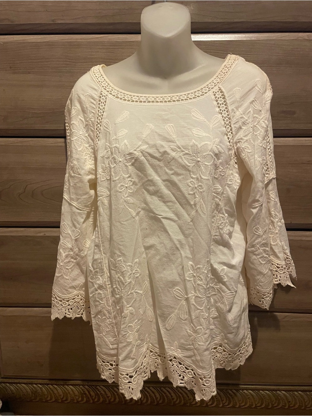 Cream Embroidered Peasant Top with Crochet Trim